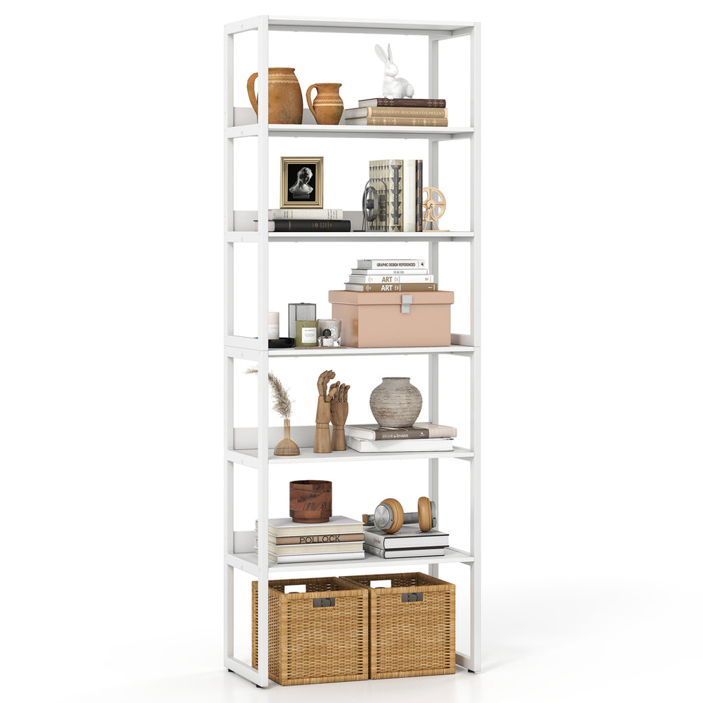 6-Tier Book Shelf with Metal Frame and 4 Anti-Tipping Kits Detachable Shelves-White