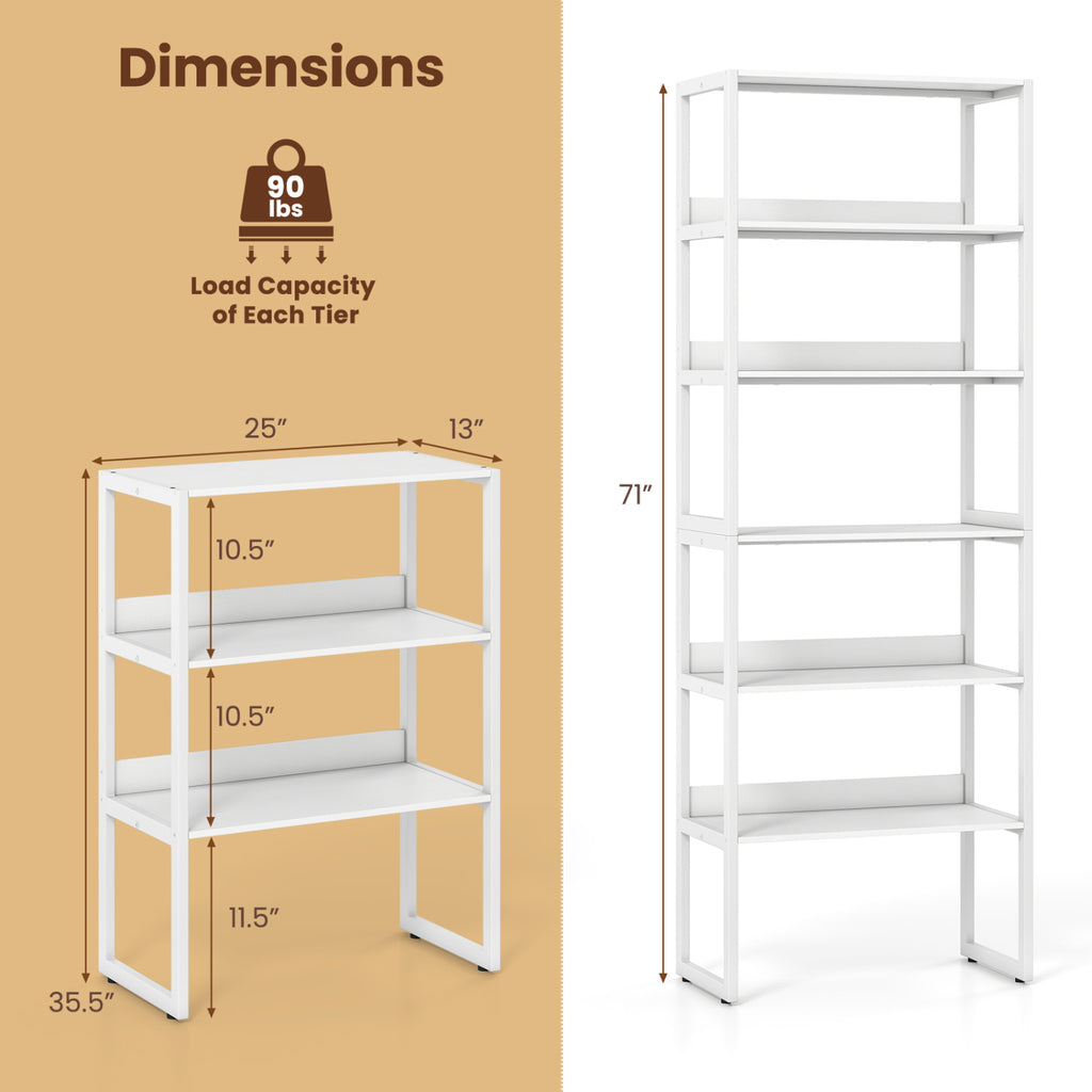 6-Tier Book Shelf with Metal Frame and 4 Anti-Tipping Kits Detachable Shelves-White