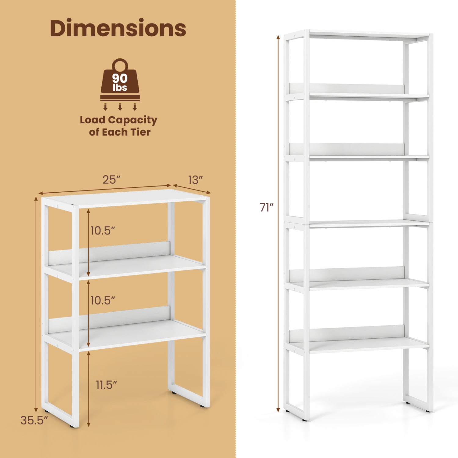 6-Tier Book Shelf with Metal Frame and 4 Anti-Tipping Kits Detachable Shelves-White