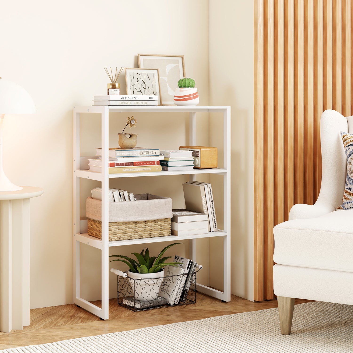 6-Tier Book Shelf with Metal Frame and 4 Anti-Tipping Kits Detachable Shelves-White