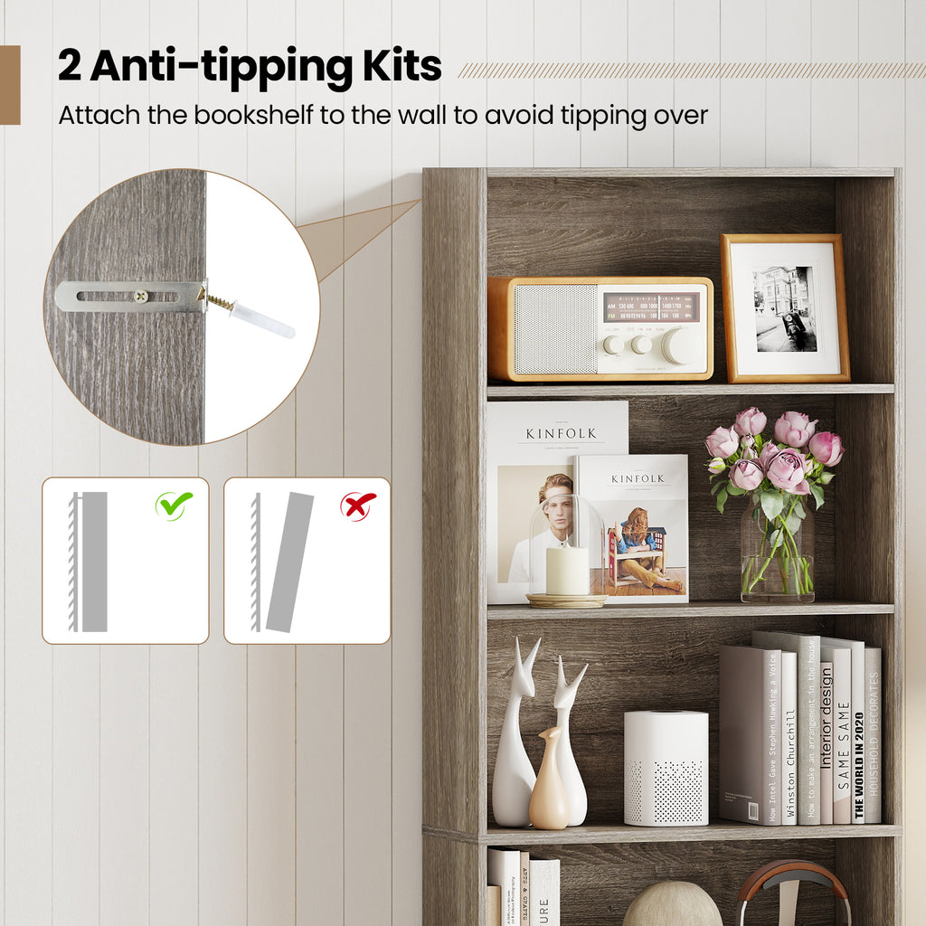 6-Tier Bookcase with 6 Open Shelves and Anti-Toppling Kits-Gray