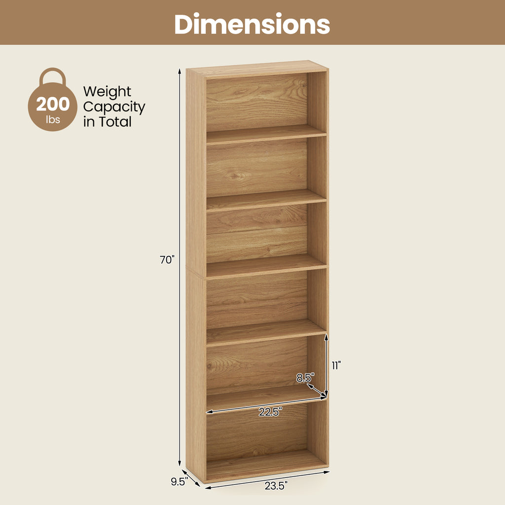 6-Tier Bookcase with 6 Open Shelves and Anti-Toppling Kits-Natural