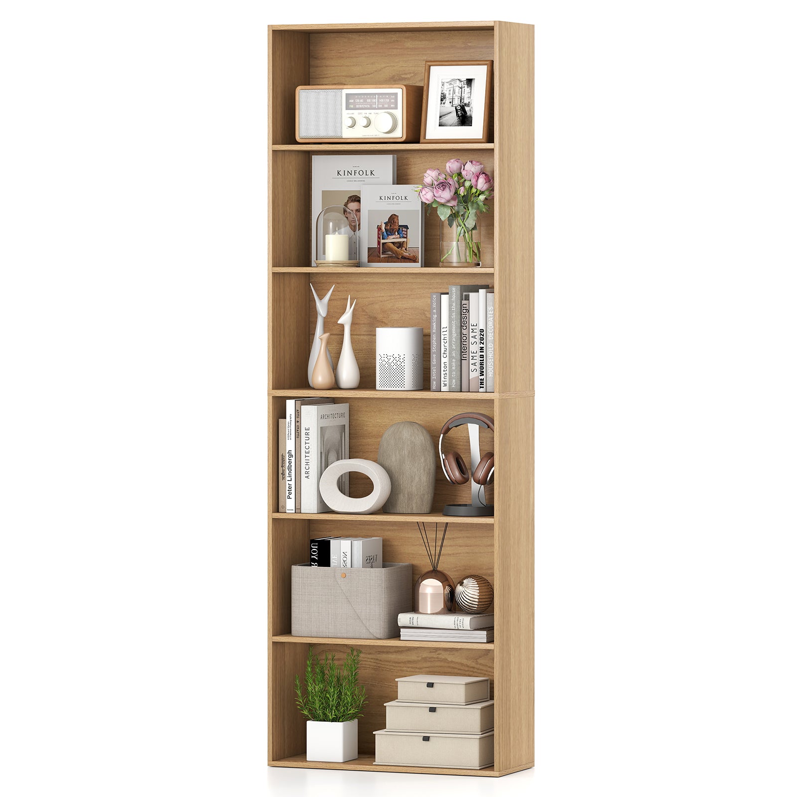 6-Tier Bookcase with 6 Open Shelves and Anti-Toppling Kits-Natural
