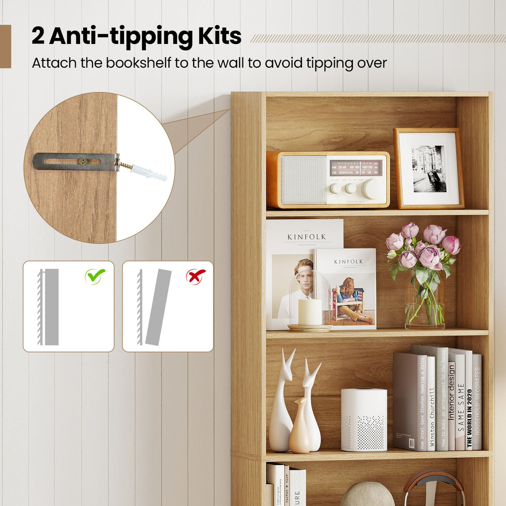 6-Tier Bookcase with 6 Open Shelves and Anti-Toppling Kits-Natural