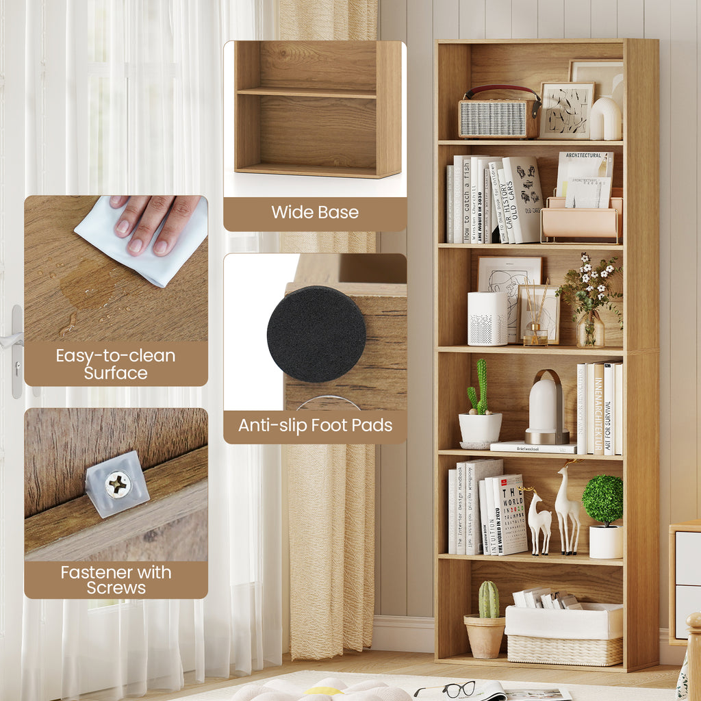 6-Tier Bookcase with 6 Open Shelves and Anti-Toppling Kits-Natural
