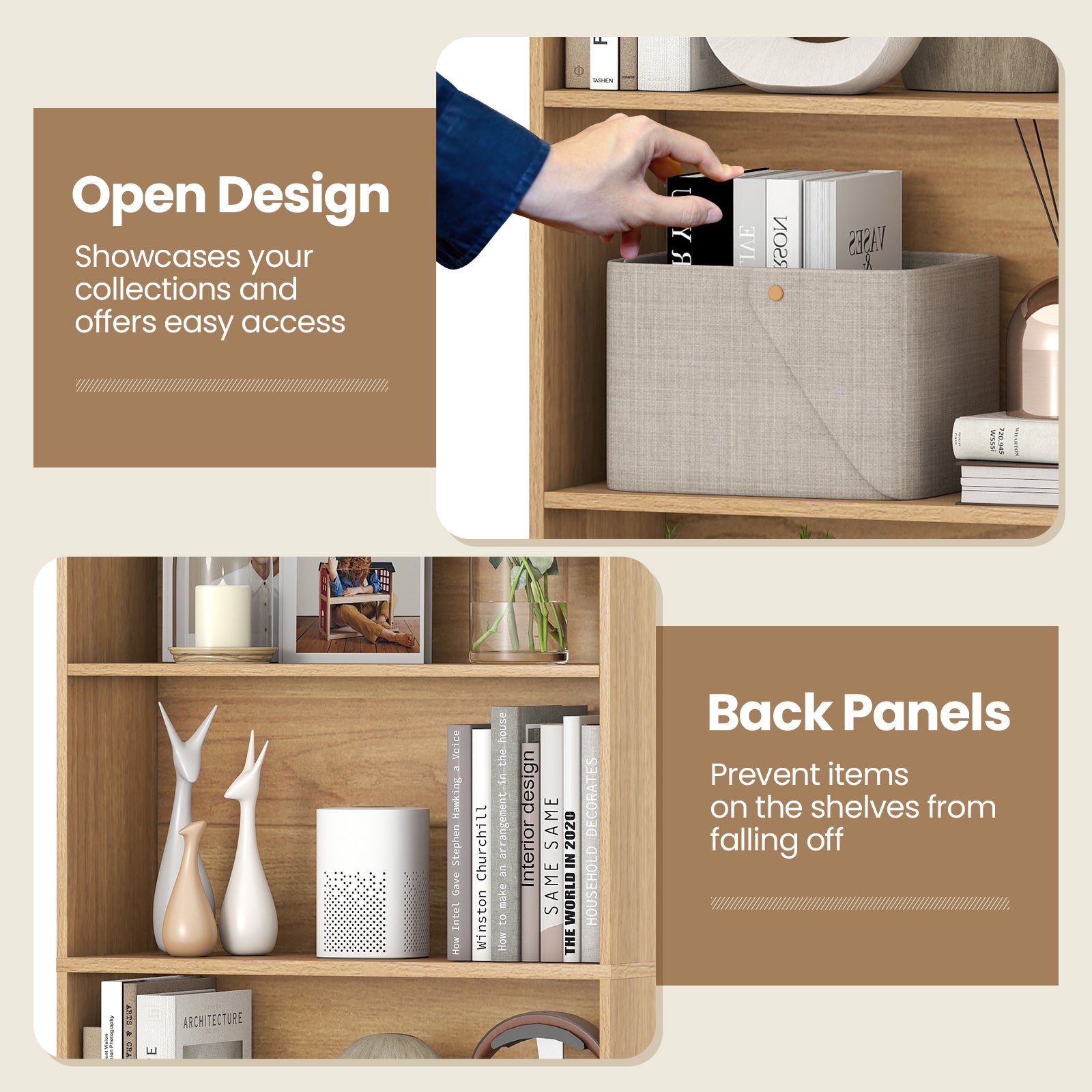 6-Tier Bookcase with 6 Open Shelves and Anti-Toppling Kits-Natural