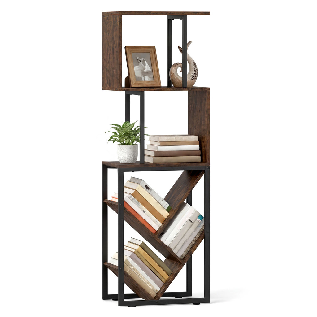 6-Tier Bookshelf Floor Standing Tree S-Shaped Geometric Bookcase with Open Shelves-Brown