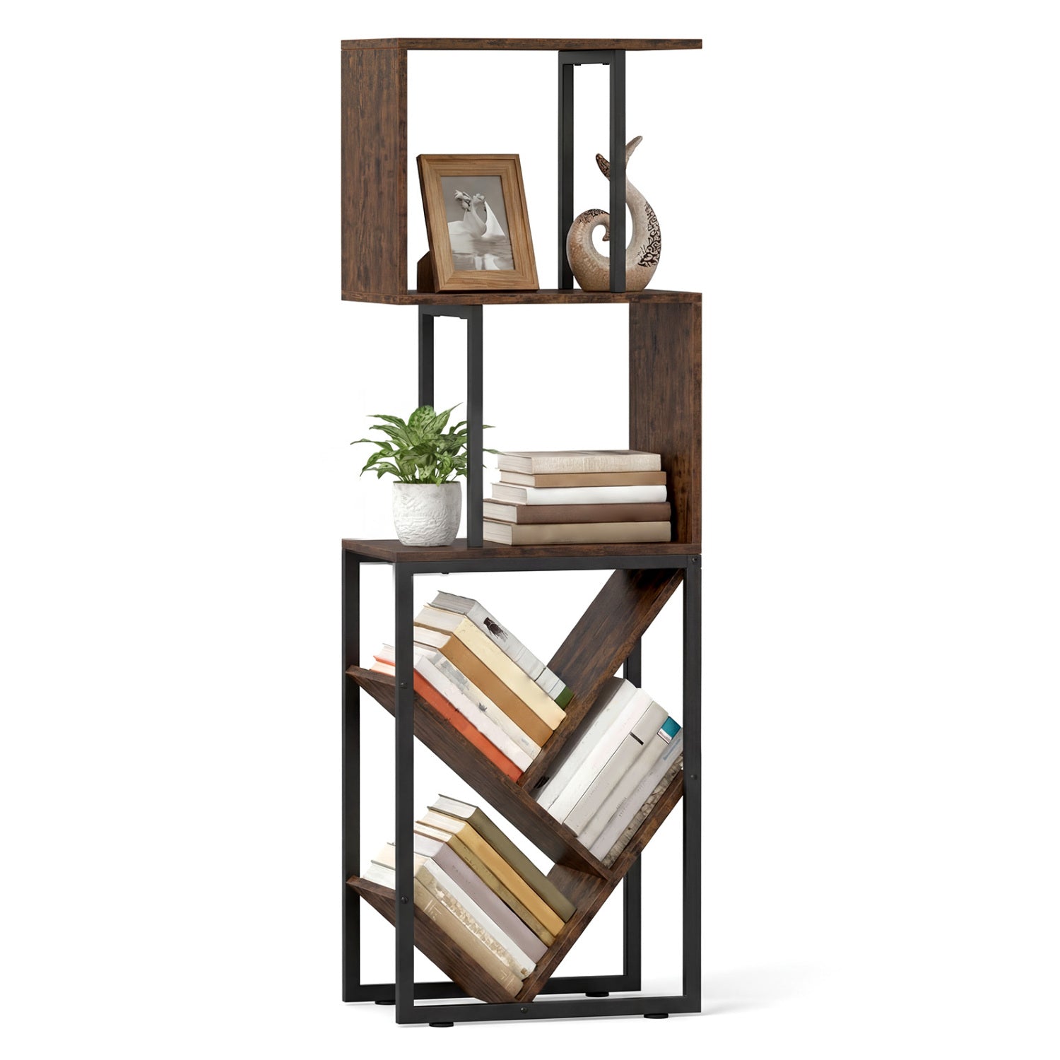 6-Tier Bookshelf Floor Standing Tree S-Shaped Geometric Bookcase with Open Shelves-Brown