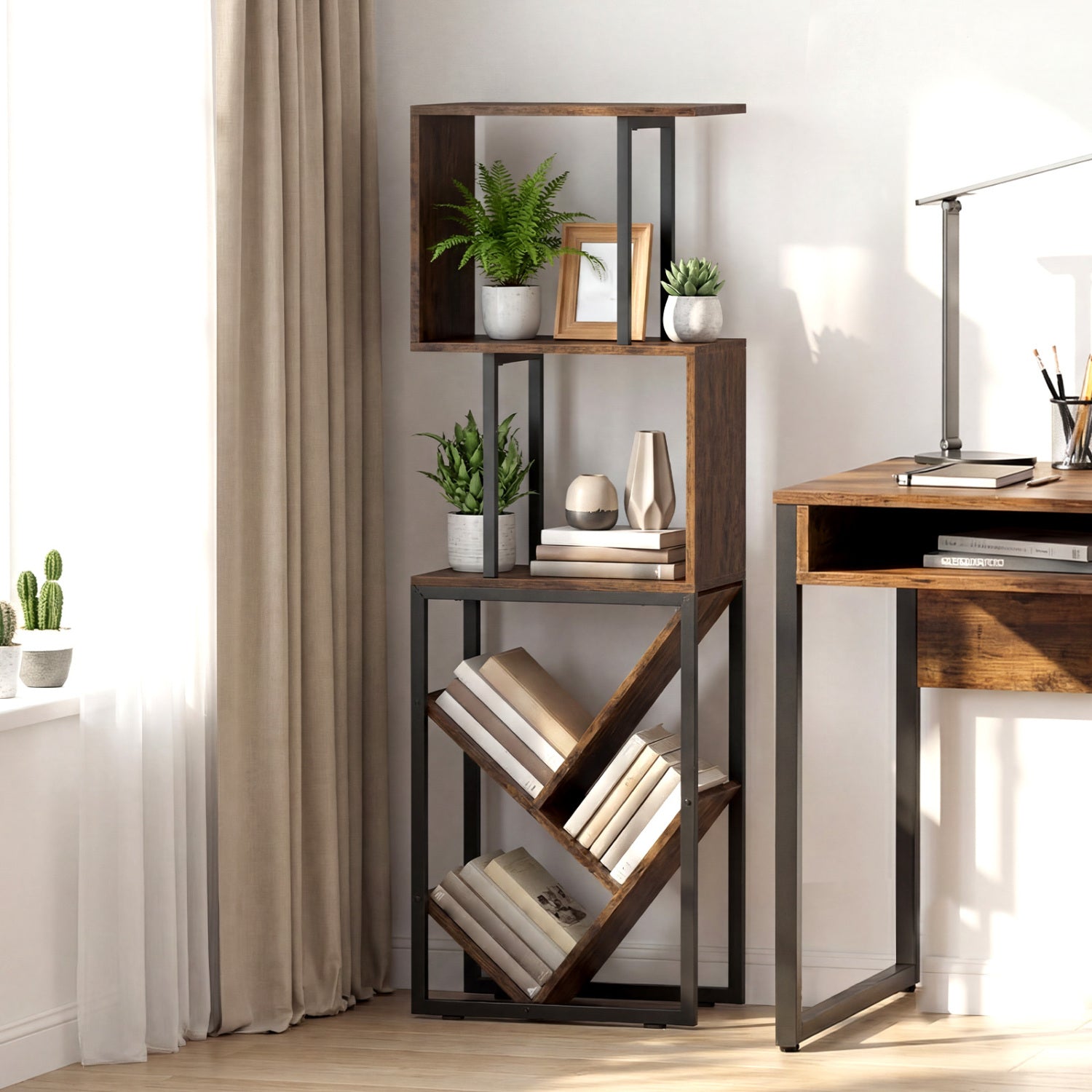 6-Tier Bookshelf Floor Standing Tree S-Shaped Geometric Bookcase with Open Shelves-Brown