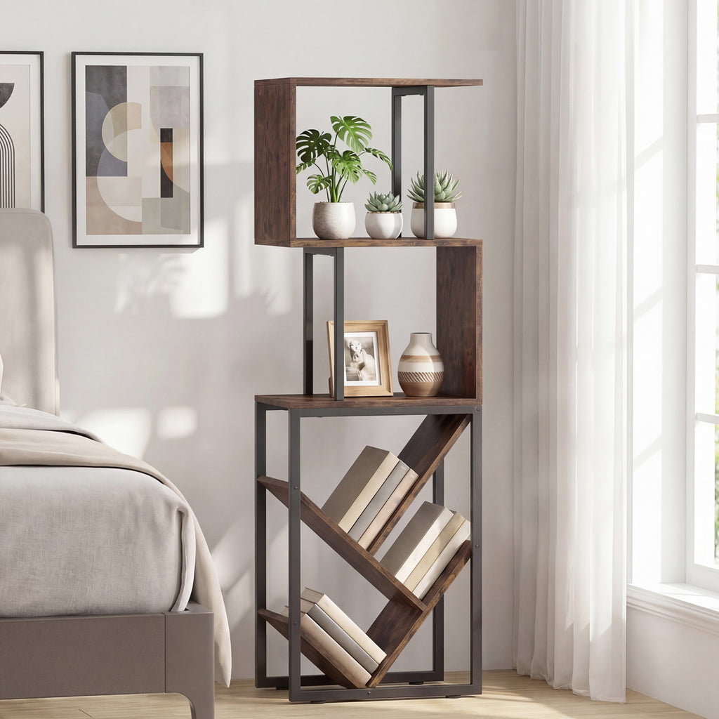 6-Tier Bookshelf Floor Standing Tree S-Shaped Geometric Bookcase with Open Shelves-Brown