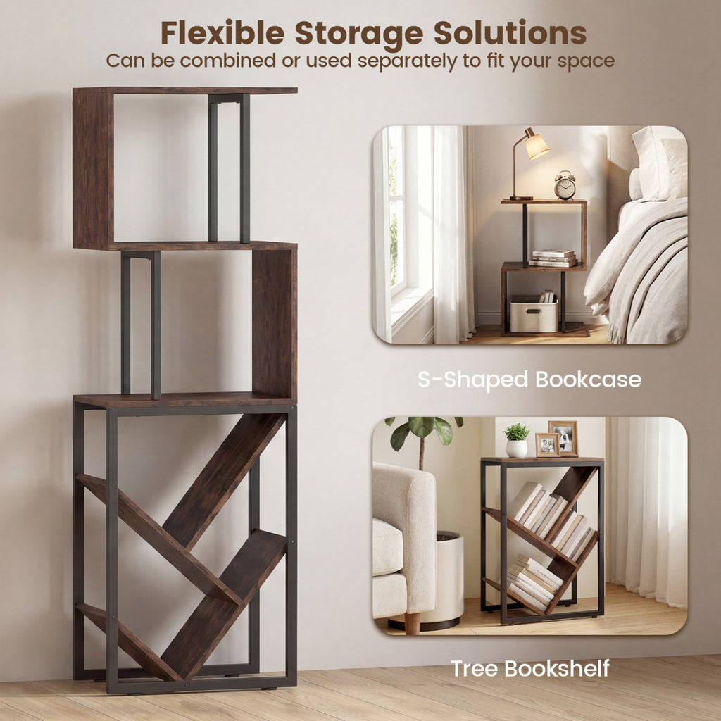 6-Tier Bookshelf Floor Standing Tree S-Shaped Geometric Bookcase with Open Shelves-Brown