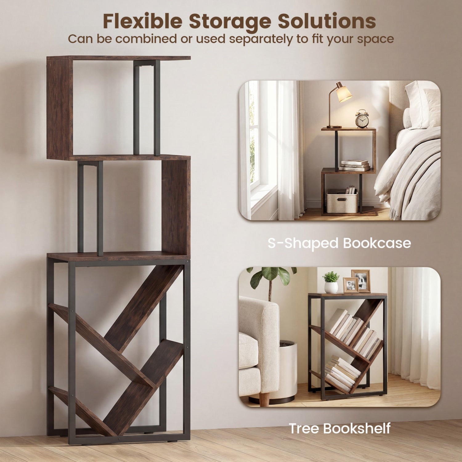 6-Tier Bookshelf Floor Standing Tree S-Shaped Geometric Bookcase with Open Shelves-Brown