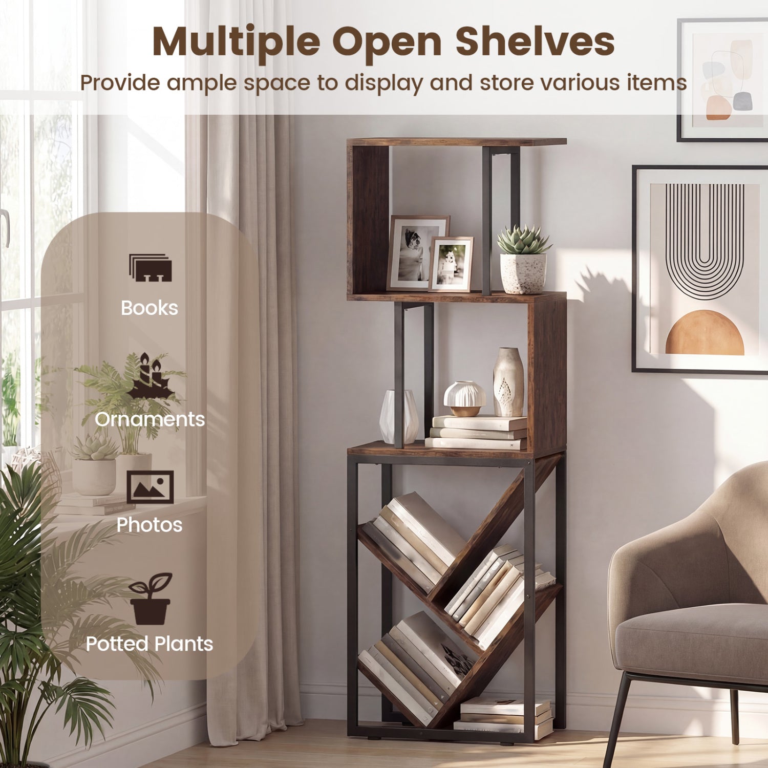 6-Tier Bookshelf Floor Standing Tree S-Shaped Geometric Bookcase with Open Shelves-Brown