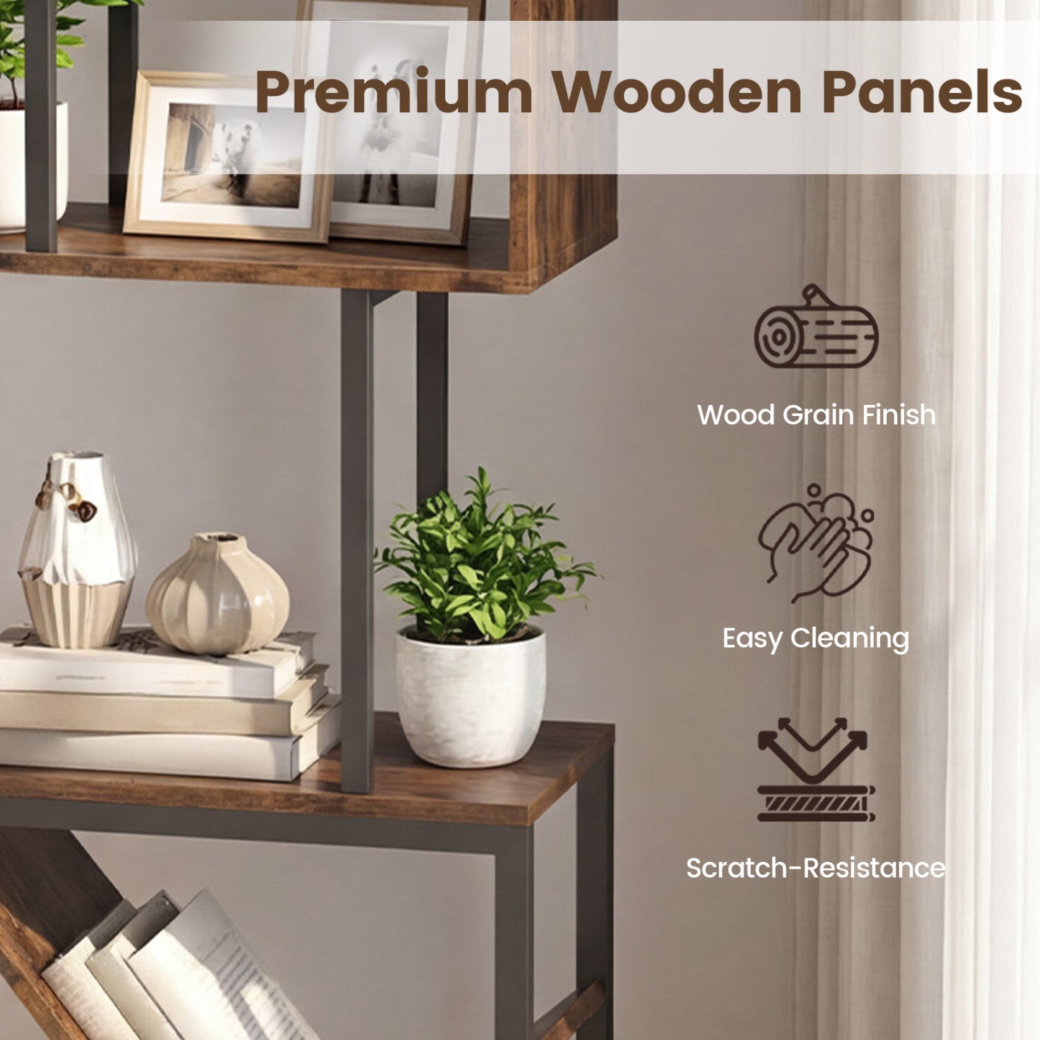 6-Tier Bookshelf Floor Standing Tree S-Shaped Geometric Bookcase with Open Shelves-Brown
