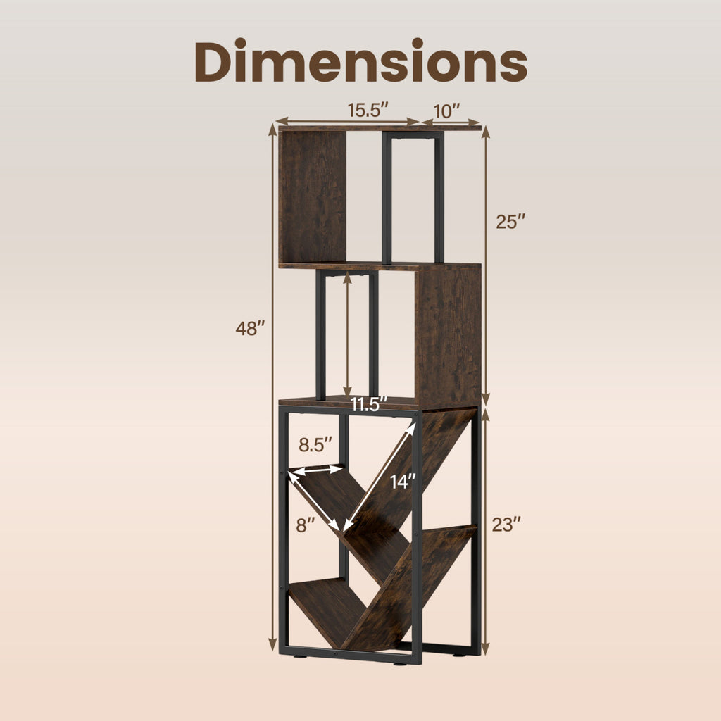 6-Tier Bookshelf Floor Standing Tree S-Shaped Geometric Bookcase with Open Shelves-Brown