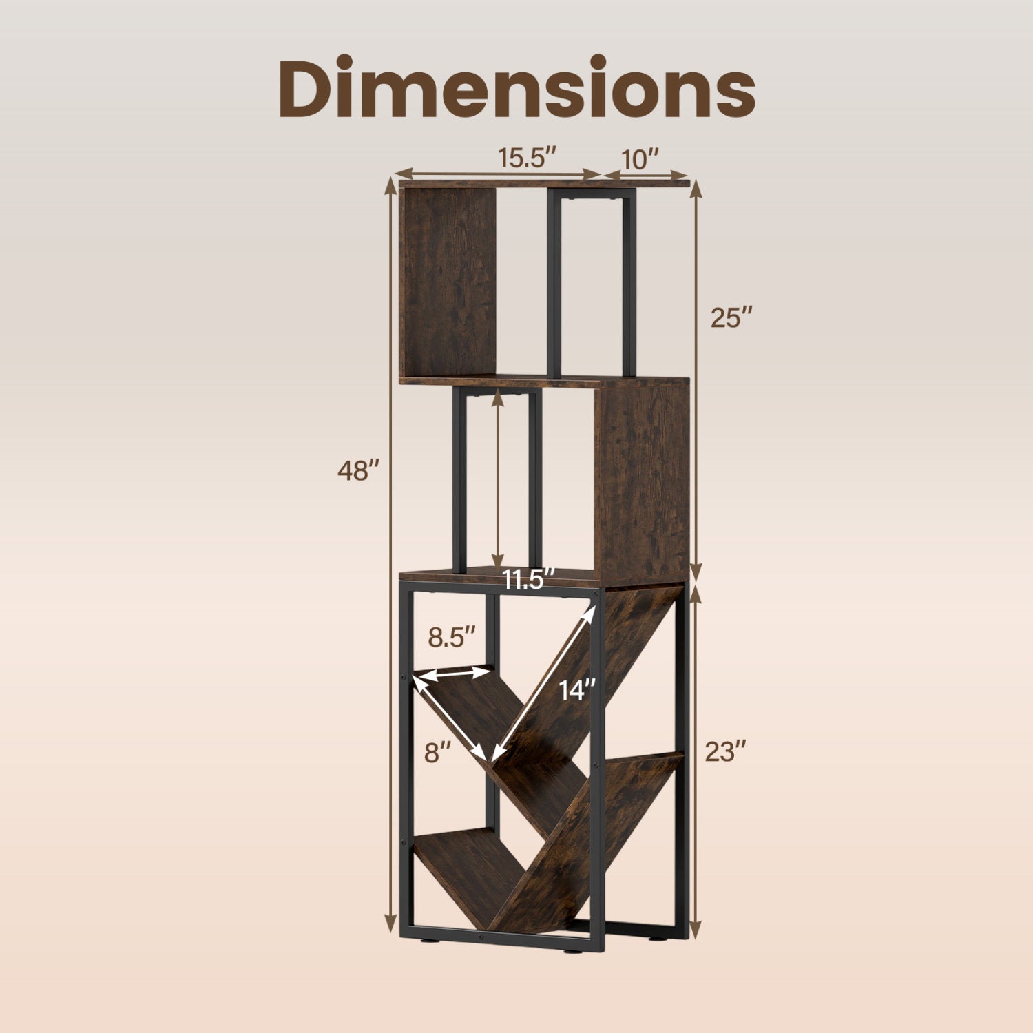 6-Tier Bookshelf Floor Standing Tree S-Shaped Geometric Bookcase with Open Shelves-Brown