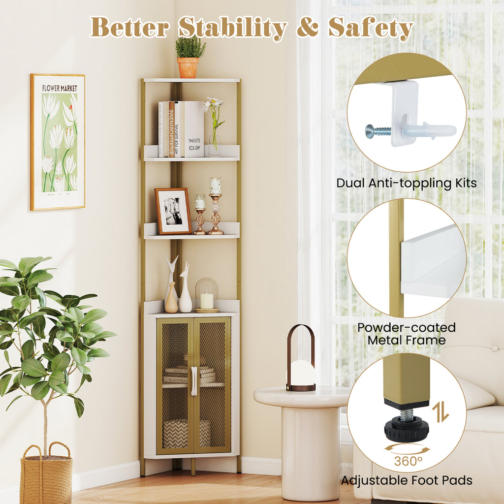 6-Tier Corner Shelf 67 Inches Tall Corner Bookshelf with Cabinet Industrial Bookcase-White