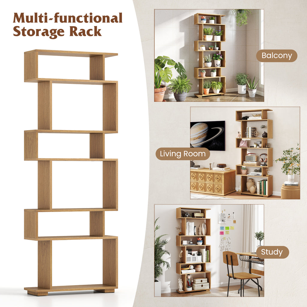 6-Tier Geometric Bookshelf with 2 Anti-Tipping Kits for Home Office-Natural