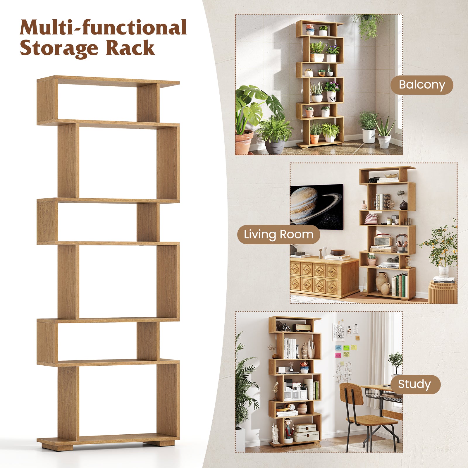 6-Tier Geometric Bookshelf with 2 Anti-Tipping Kits for Home Office-Natural