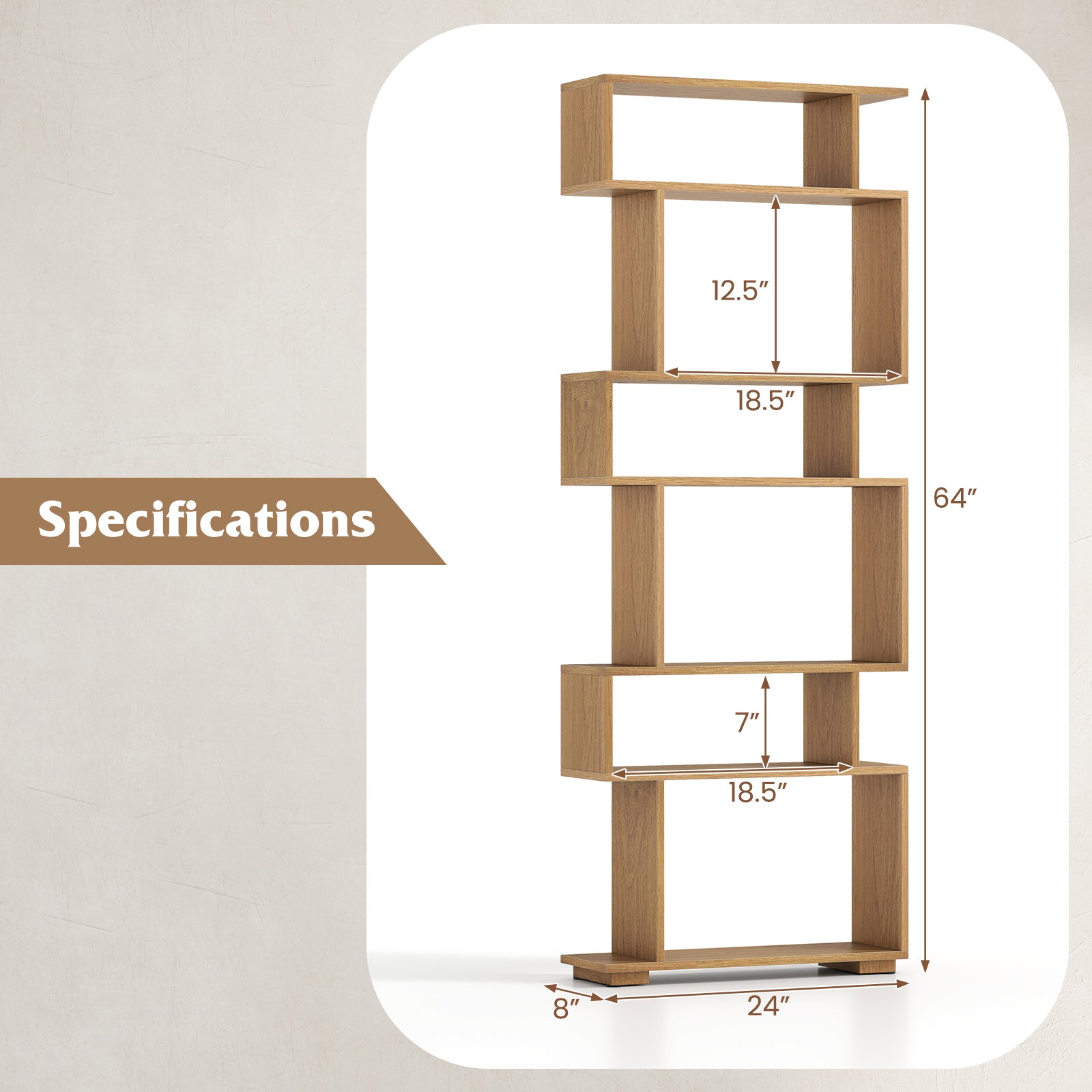 6-Tier Geometric Bookshelf with 2 Anti-Tipping Kits for Home Office-Natural