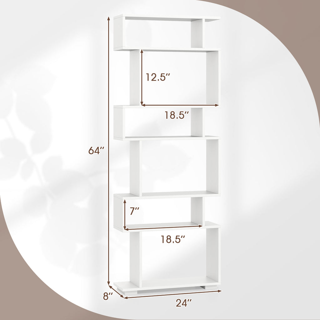 6-Tier Geometric Bookshelf with 2 Anti-Tipping Kits for Home Office-White
