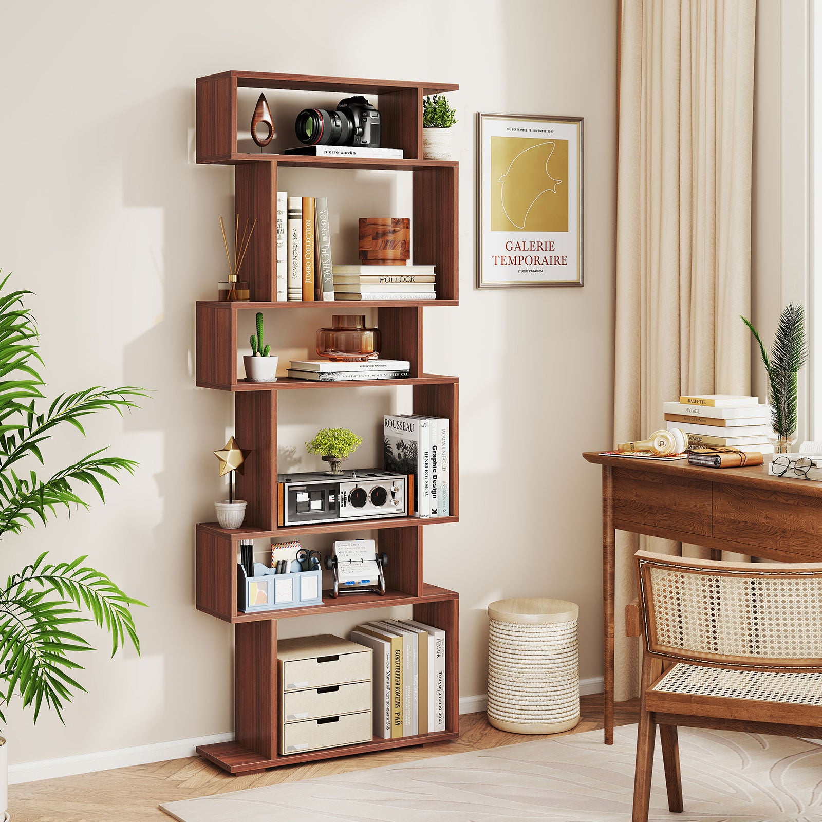 6-Tier Geometric Bookshelf with 2 Anti-Tipping Kits for Home Office-Walnut