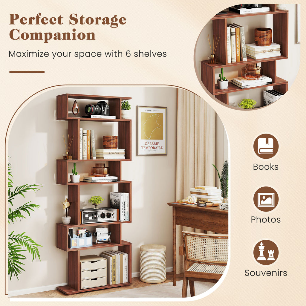 6-Tier Geometric Bookshelf with 2 Anti-Tipping Kits for Home Office-Walnut