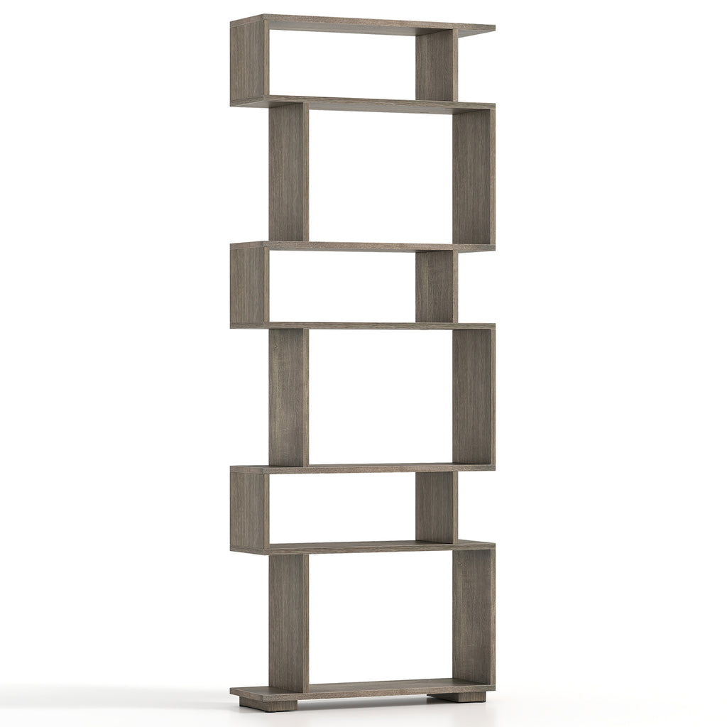 6-Tier Geometric Bookshelf with 2 Anti-Tipping Kits for Home Office-Oak