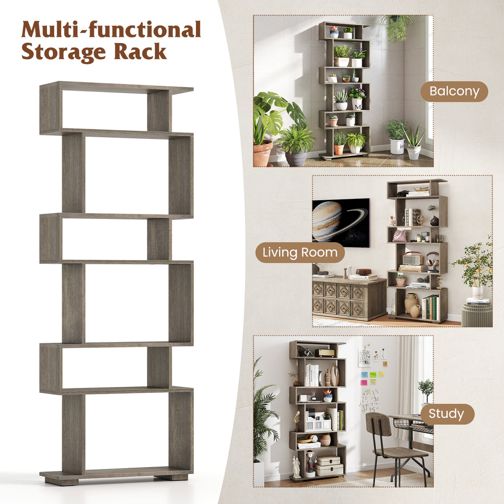 6-Tier Geometric Bookshelf with 2 Anti-Tipping Kits for Home Office-Oak