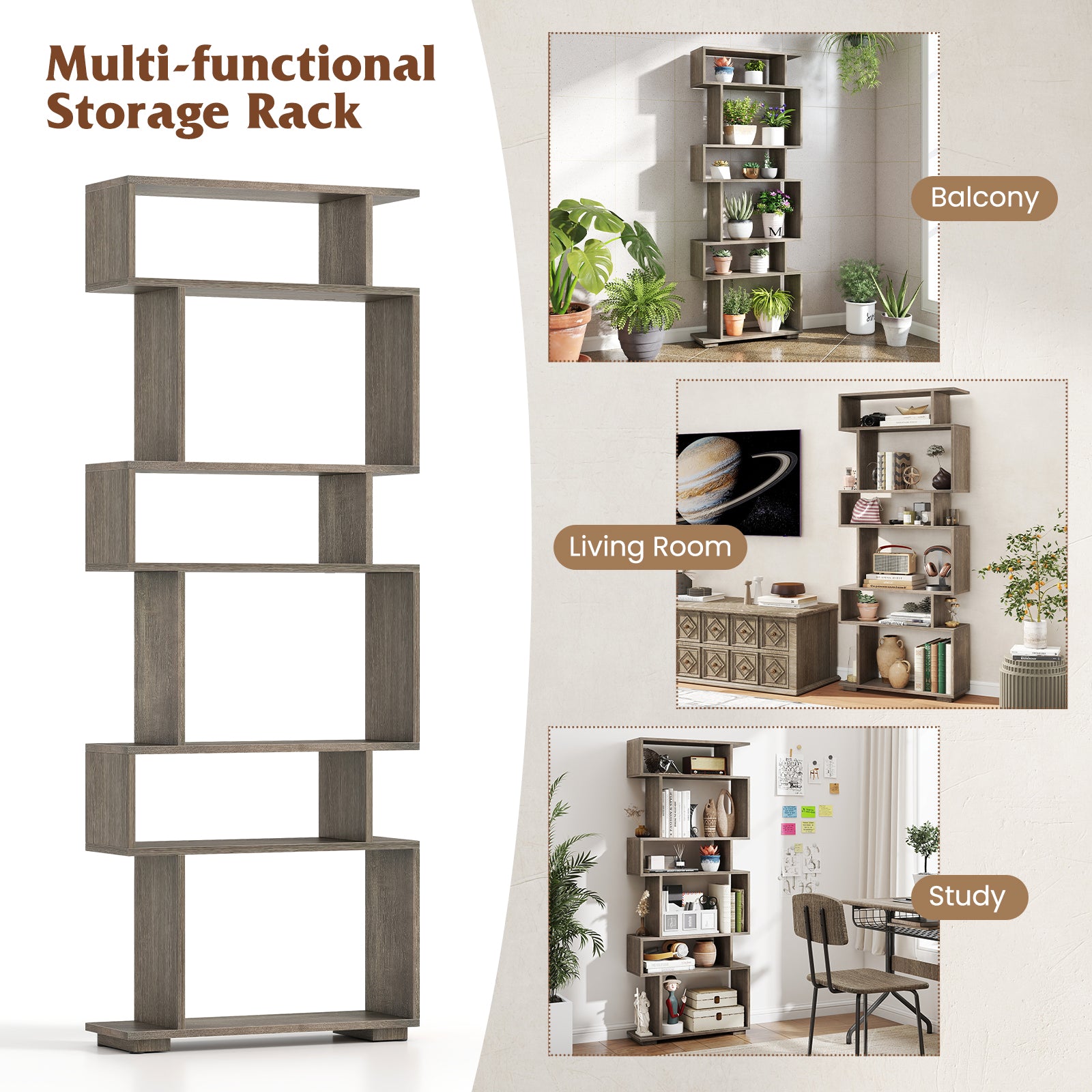 6-Tier Geometric Bookshelf with 2 Anti-Tipping Kits for Home Office-Oak