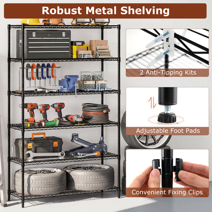 6-Tier Metal Storage Shelving Unit Set of 2 Adjustable Utility Shelf with V-Shaped Wire Rack-Black