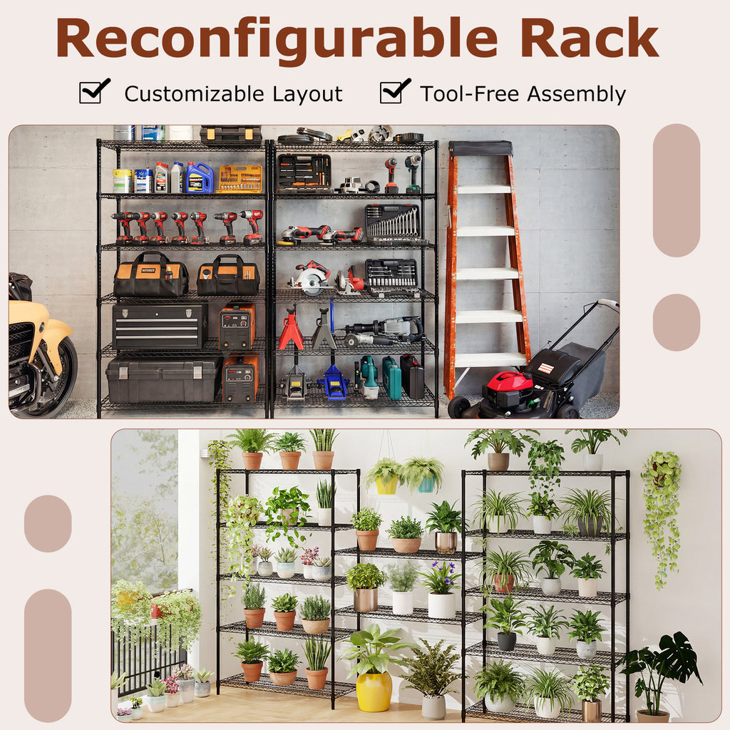 6-Tier Metal Storage Shelving Unit Set of 2 Adjustable Utility Shelf with V-Shaped Wire Rack-Black