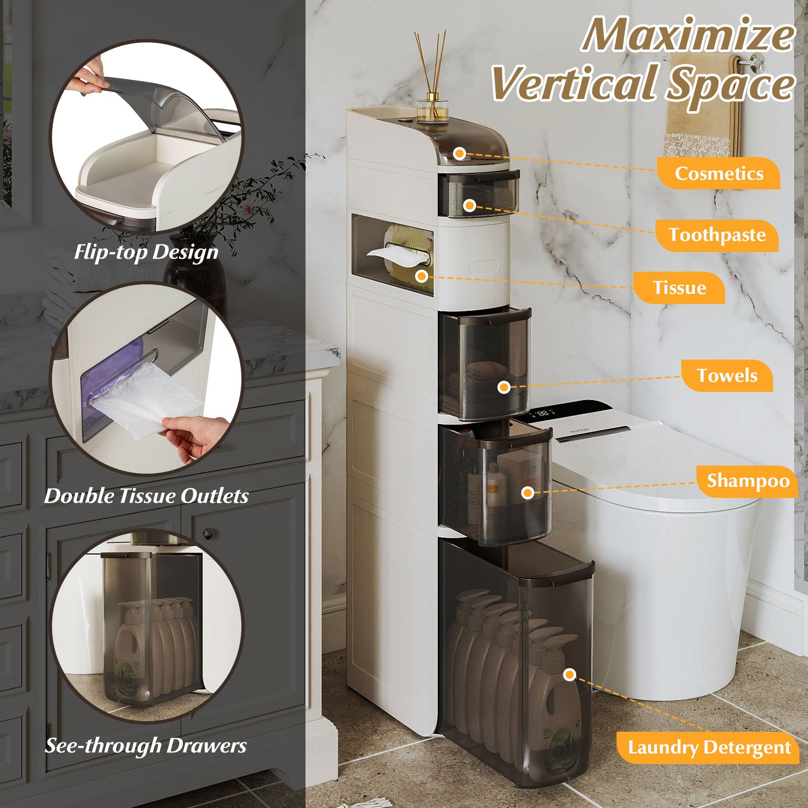 6-Tier Narrow Bathroom Storage Cabinet with Drawers and Tissue Box