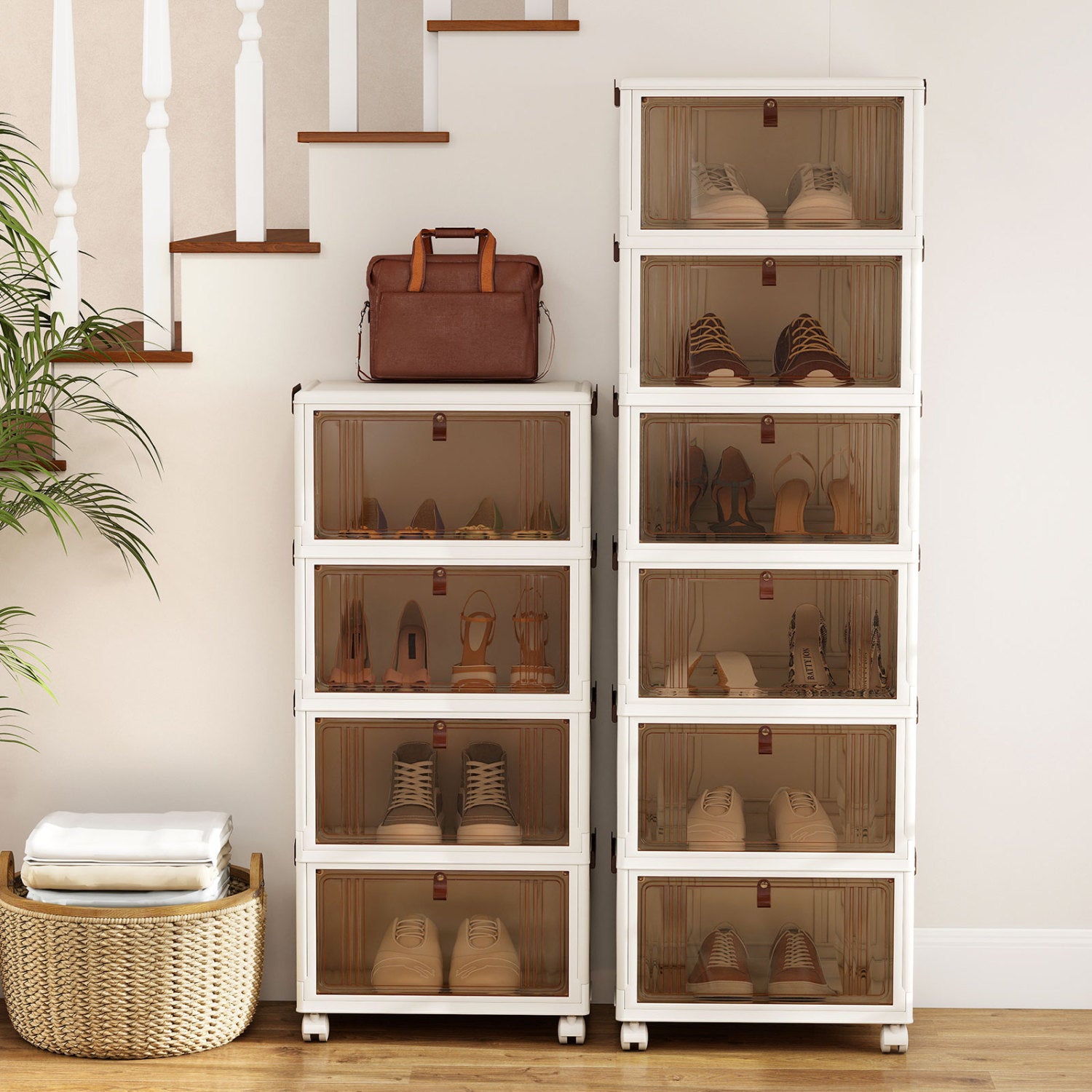 6-Tier Stackable Shoe Box with Lid Doors and Lockable Wheels-White