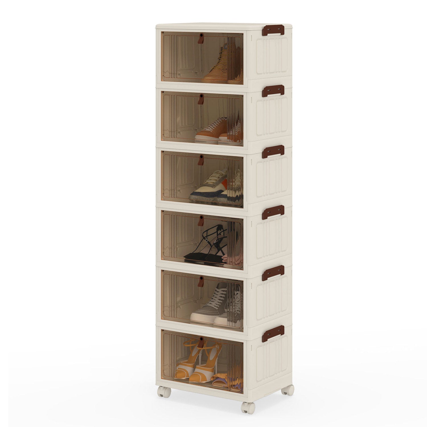 6-Tier Stackable Shoe Box with Lid Doors and Lockable Wheels-White