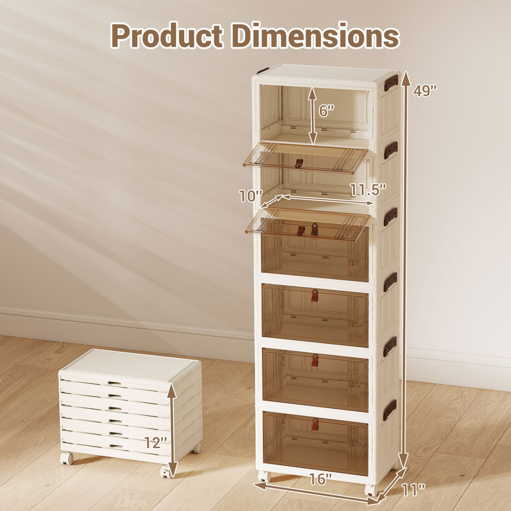 6-Tier Stackable Shoe Box with Lid Doors and Lockable Wheels-White