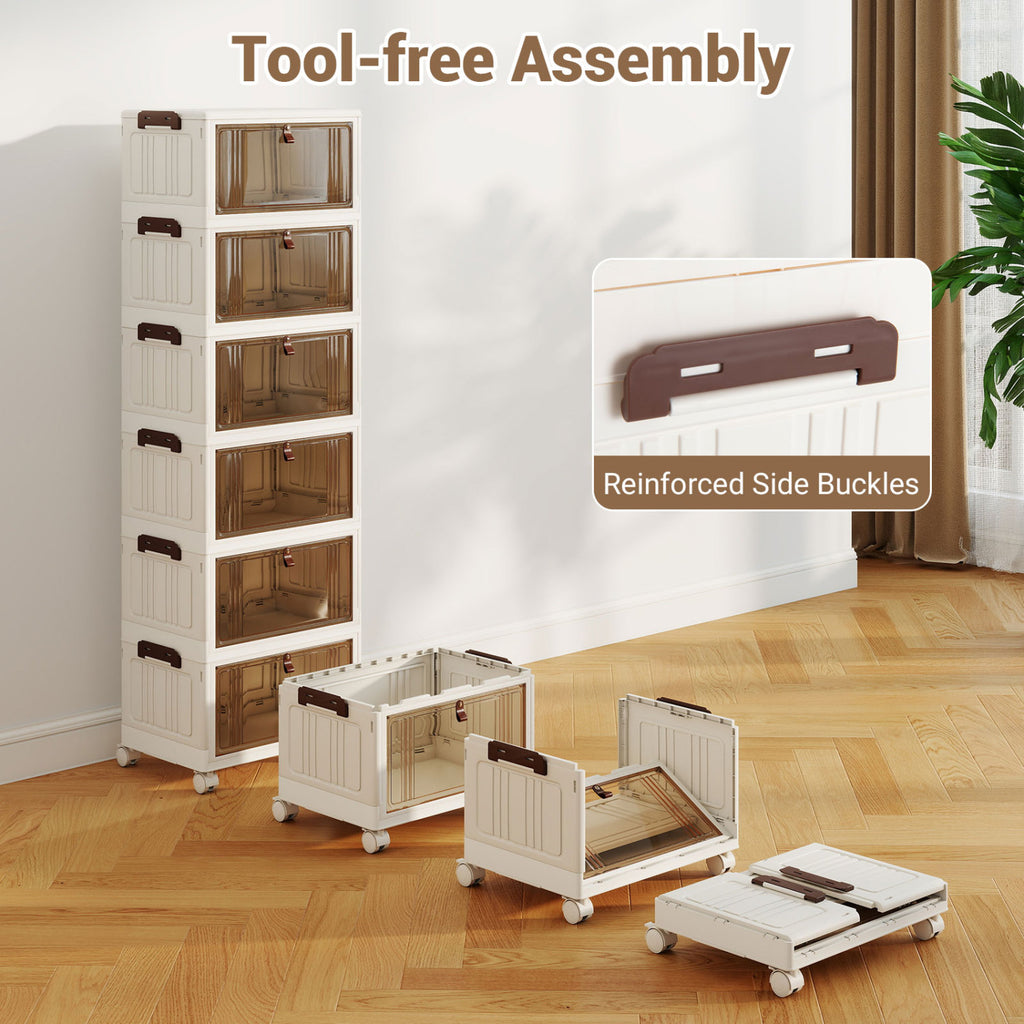 6-Tier Stackable Shoe Box with Lid Doors and Lockable Wheels-White