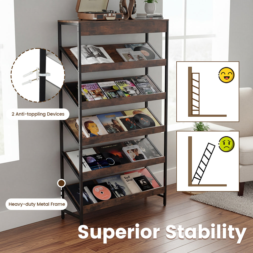 6-Tier Tall Freestanding Bookshelf with Angled Shelves for Home Office-Rustic Brown