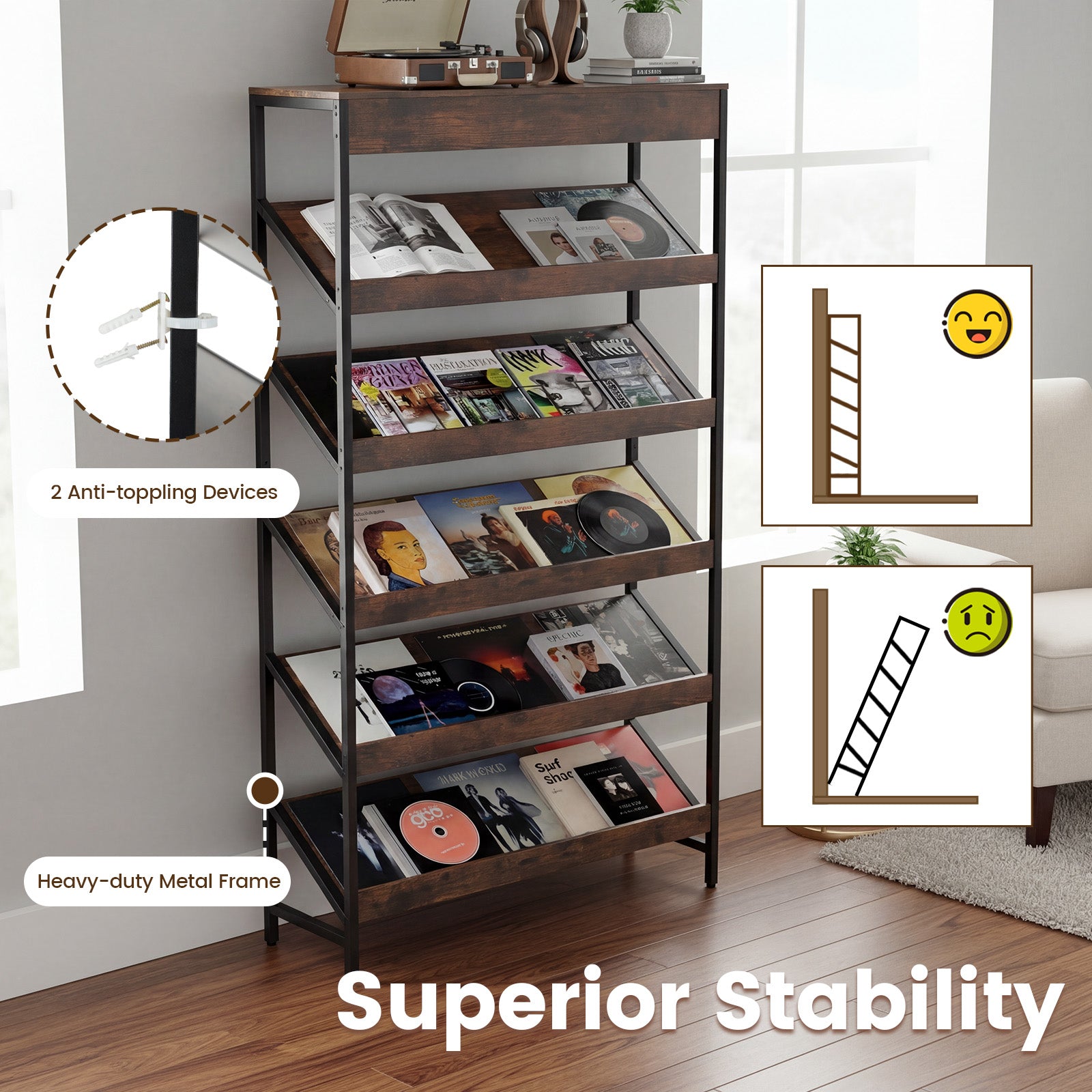 6-Tier Tall Freestanding Bookshelf with Angled Shelves for Home Office-Rustic Brown