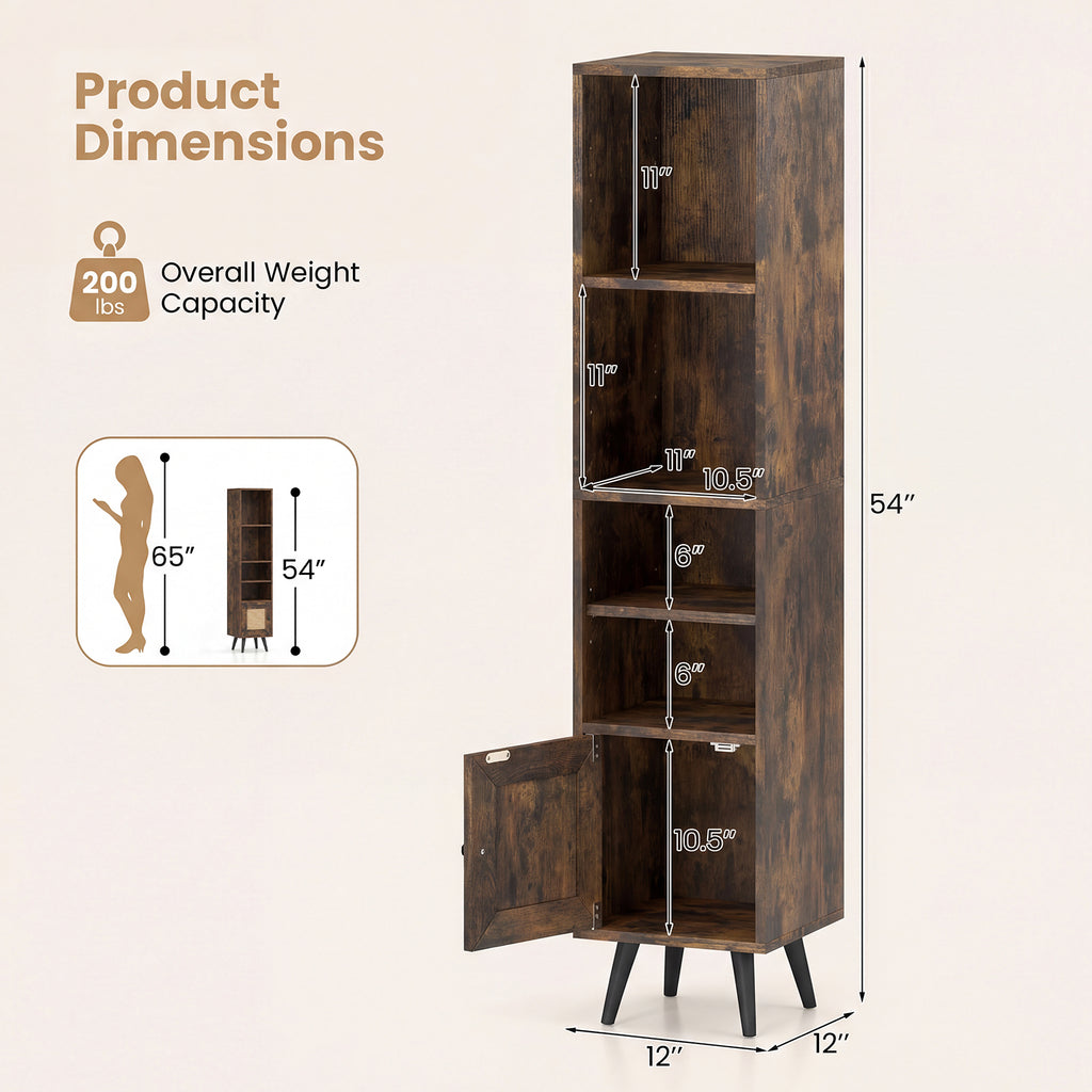 6-Tier Tall Narrow Bookcase 54 Inches Slim Storage Cabinet-Rustic Brown