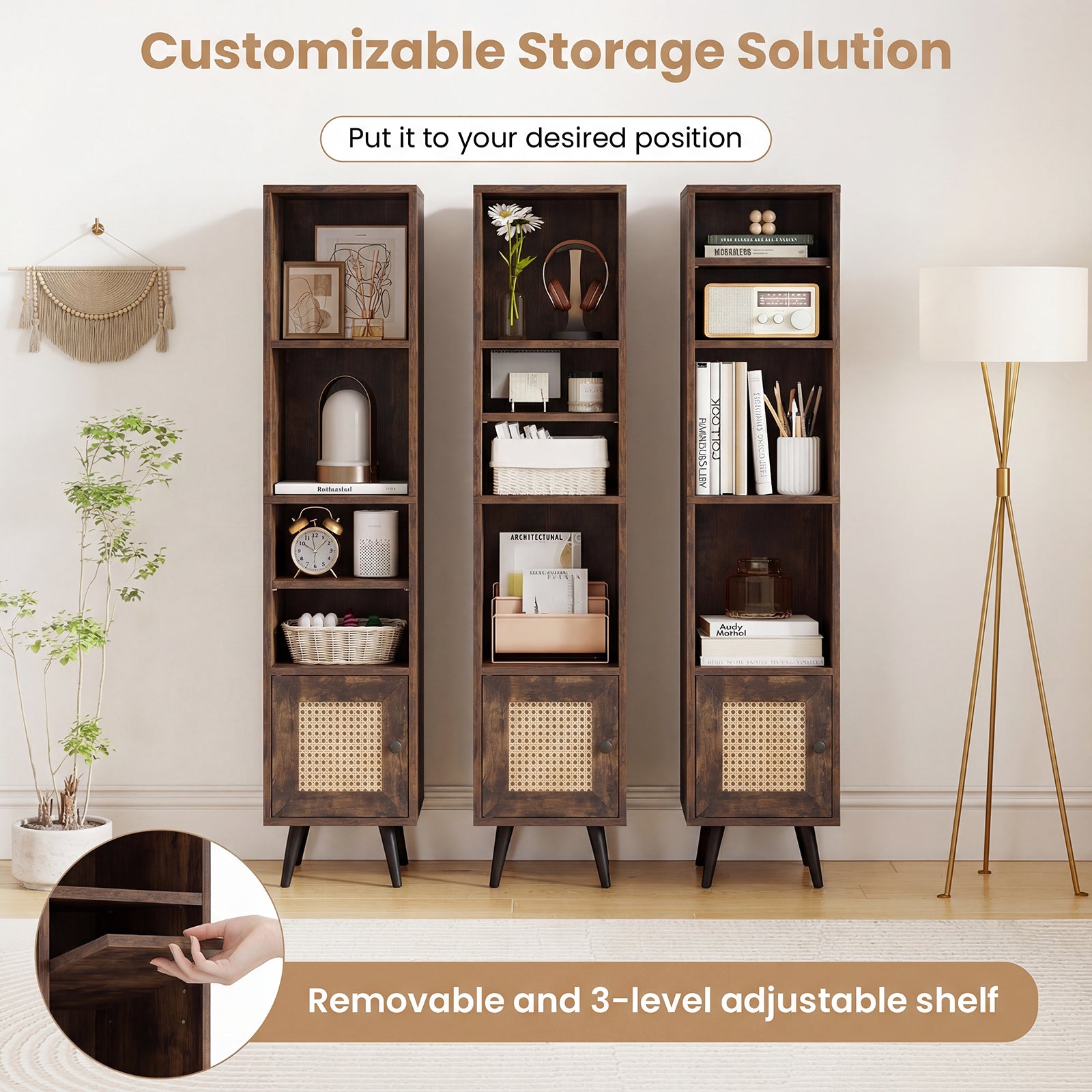 6-Tier Tall Narrow Bookcase 54 Inches Slim Storage Cabinet-Rustic Brown