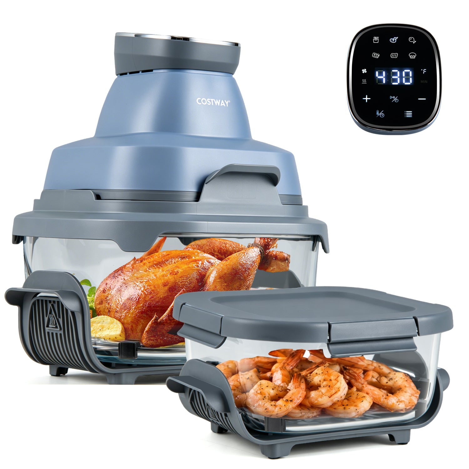 6-in-1 Portable Glass Air Fryer 1500W Dual Containers with Lids Dishwasher Safe-Blue