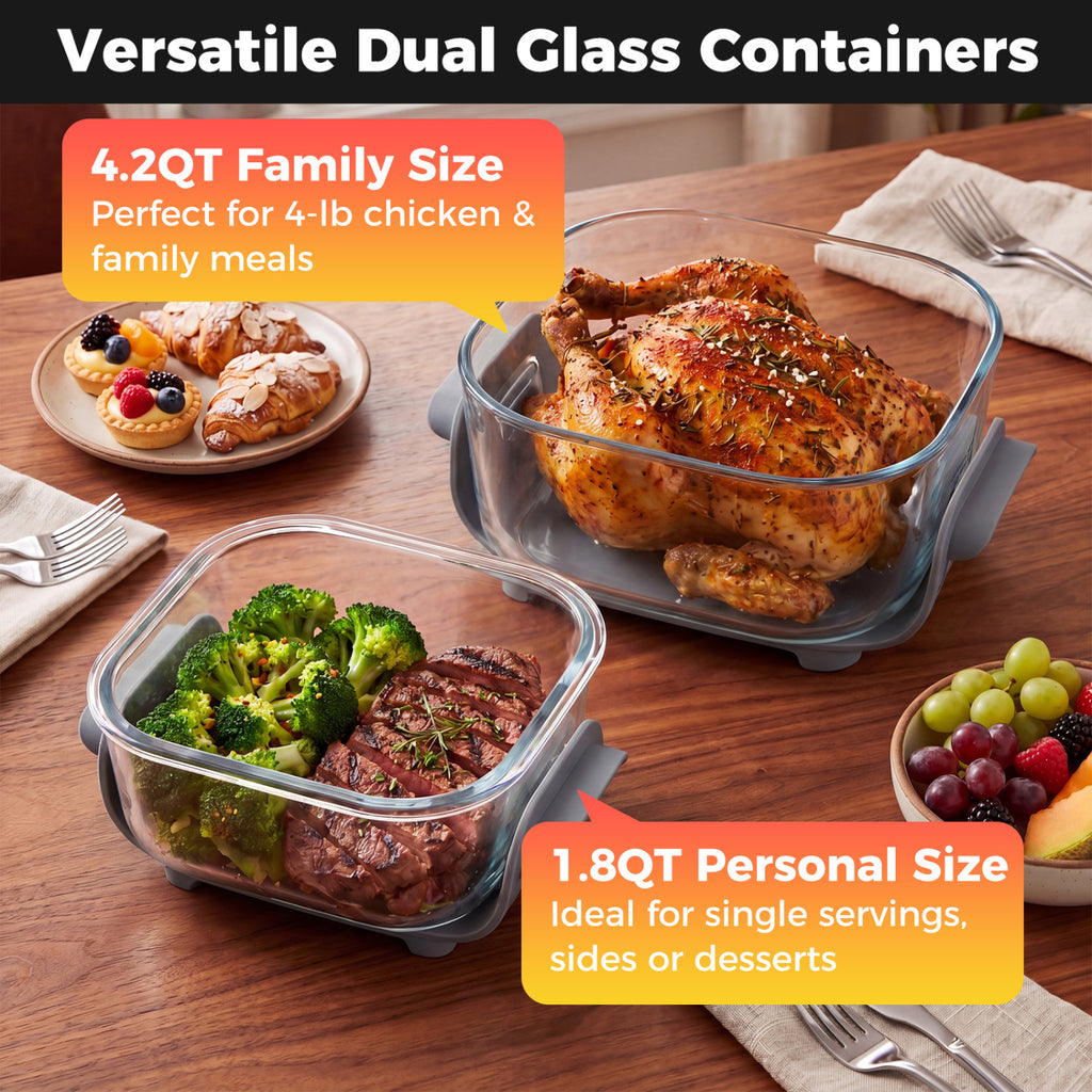 6-in-1 Portable Glass Air Fryer 1500W Dual Containers with Lids Dishwasher Safe-Blue