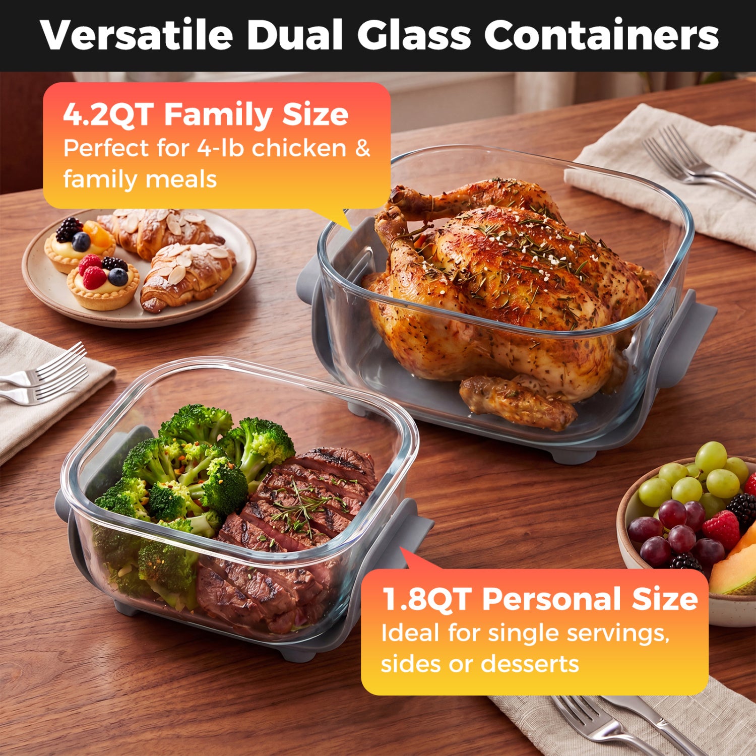 6-in-1 Portable Glass Air Fryer 1500W Dual Containers with Lids Dishwasher Safe-Blue
