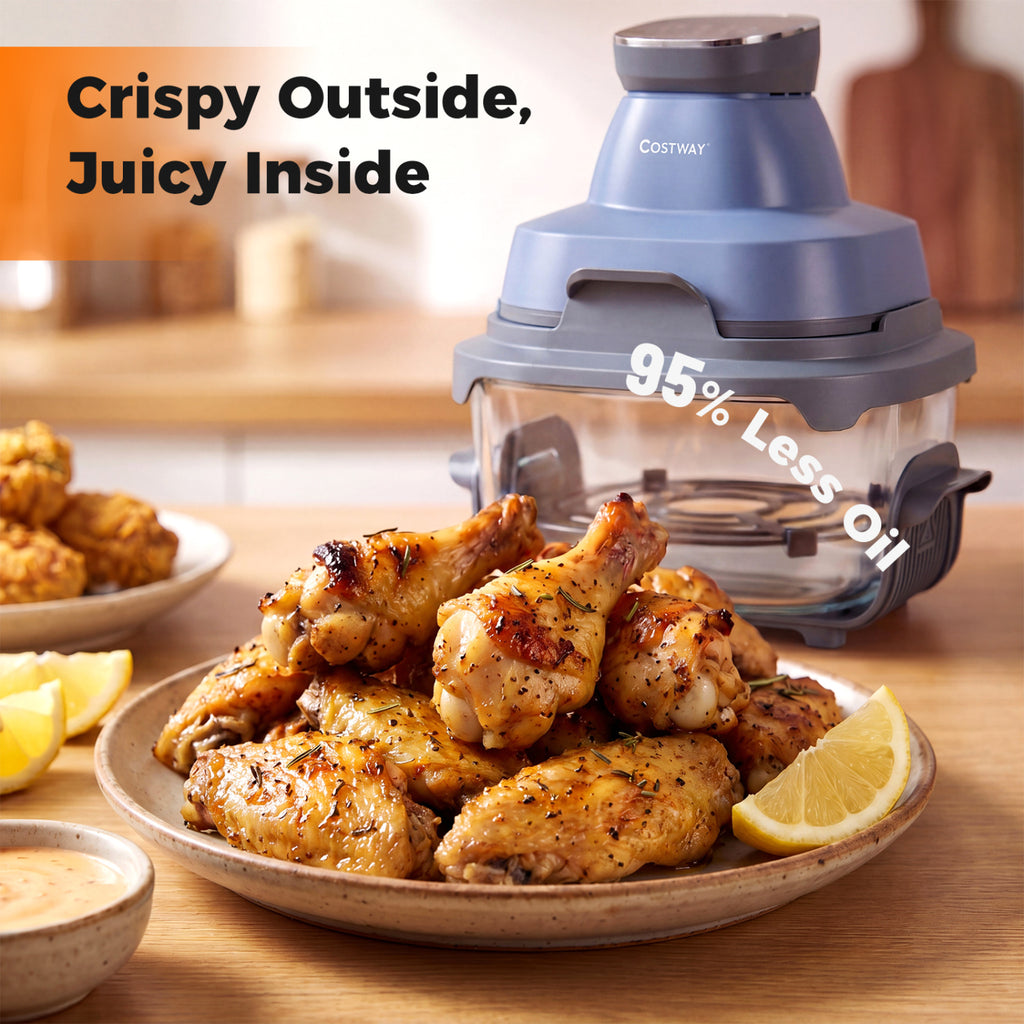 6-in-1 Portable Glass Air Fryer 1500W Dual Containers with Lids Dishwasher Safe-Blue