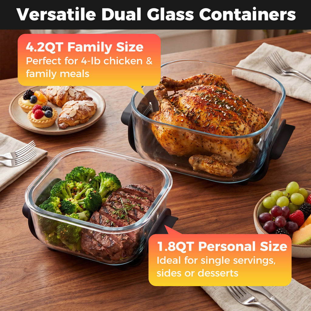 6-in-1 Portable Glass Air Fryer 1500W Dual Containers with Lids Dishwasher Safe-Black