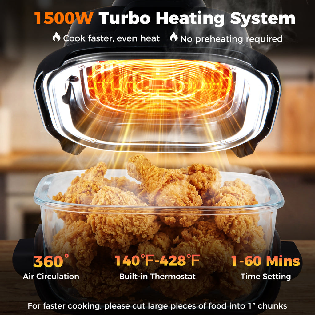 6-in-1 Portable Glass Air Fryer 1500W Dual Containers with Lids Dishwasher Safe-Black