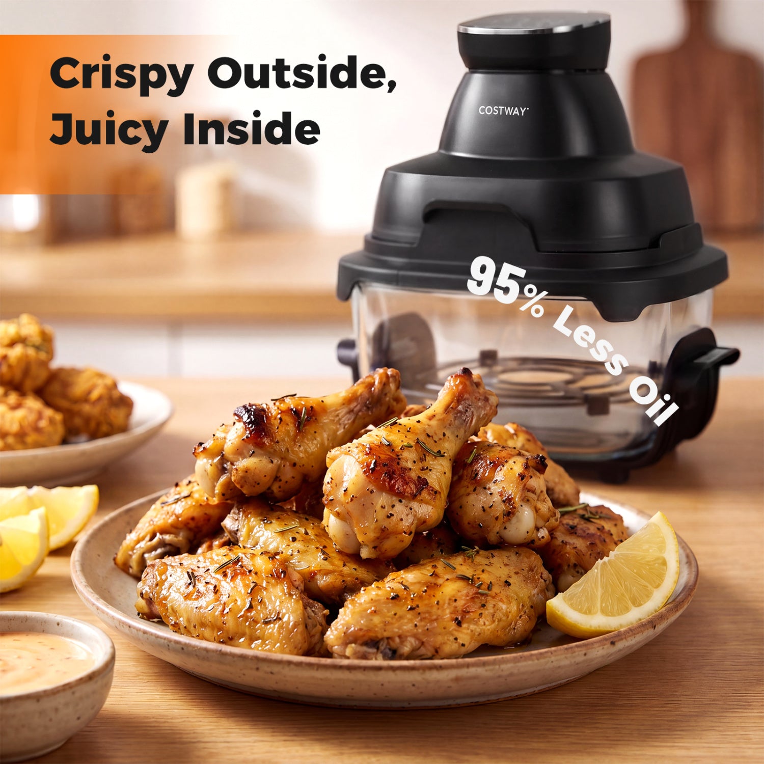 6-in-1 Portable Glass Air Fryer 1500W Dual Containers with Lids Dishwasher Safe-Black