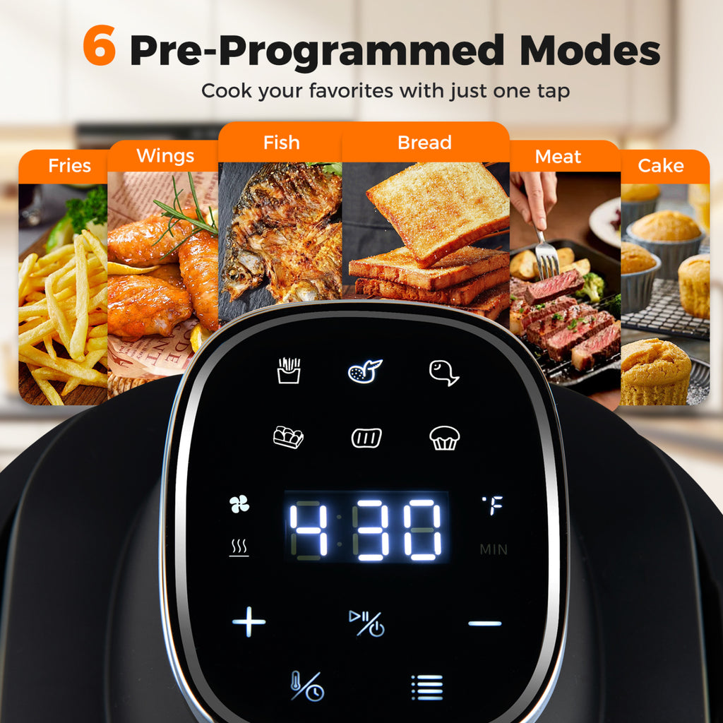 6-in-1 Portable Glass Air Fryer 1500W Dual Containers with Lids Dishwasher Safe-Black