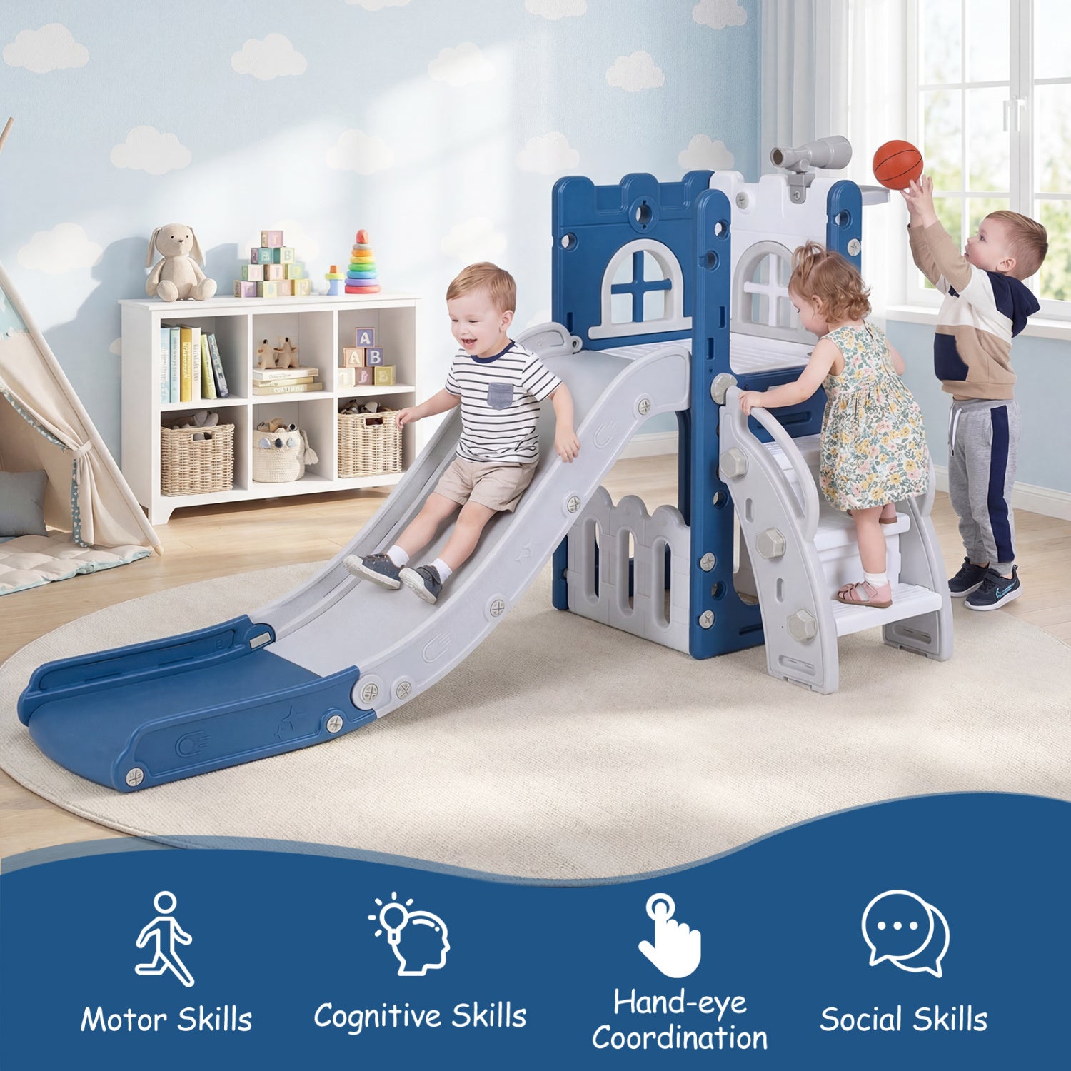 6-in-1 Toddler Slide L-shaped Playground with Basketball Hoop and Ladder-Blue